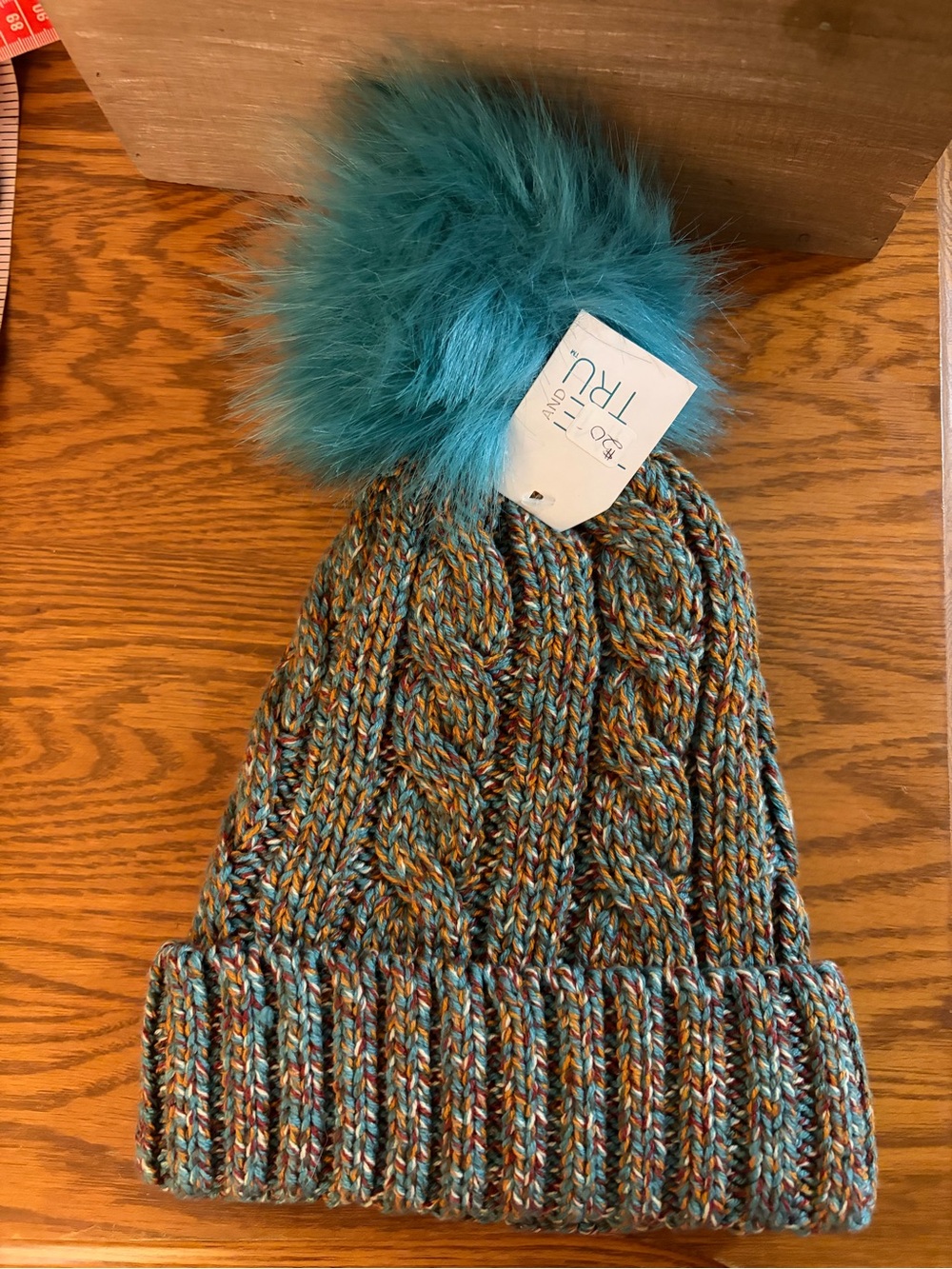 Time and Tru Multicolor Cable Knit Beanie with Teal Pom
